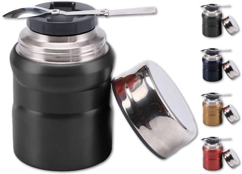 Food Flask for Hot Food – TheWhiteWater Soup Flask + Foldable Spoon – Stainless Steel BPA Free Double Walled Vacuum Insulated Soup Container & Hot/Cold Thermal Food Container 500ML (Matt Black)