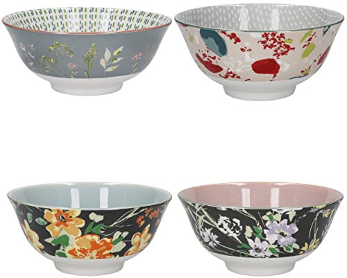 KitchenCraft Glasierte Steinzeugschüssel 4er Set, Boho Floral, 15.5 x 7.5cm, Geschenkkarton, Grün,Grau,Orange,Rosa