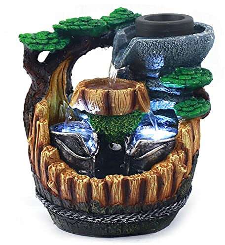 Fuente de habitación con luz LED, fuente de jardín, cascada, fuente decorativa para habitaciones, juego de agua, aspecto de piedra para jardín, terraza, estanque, balcón decorativo