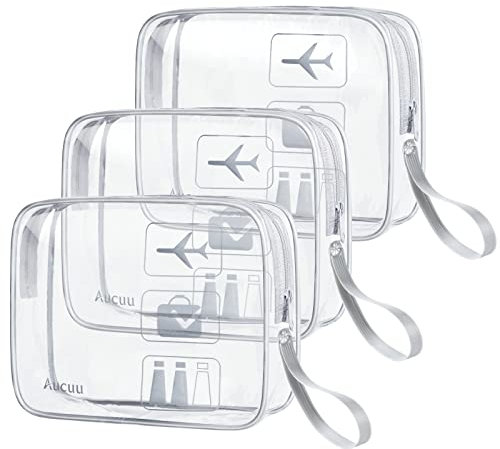 Aucuu Kulturtasche Transparent, 3 Stück Kosmetiktasche Durchsichtig, wasserdichte PVC-Reise-Waschtaschen, TSA-Zugelassene Make-up-Taschen, für Familie, Männer un Frauen - Grau