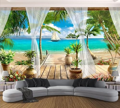 Custom Size Wall Murals，Removable Peel and Stick Self-Adhesive Wall Murals Large Photo Wallpaper,Beach Seascape Wall Sticker for Living Room Bedroom
