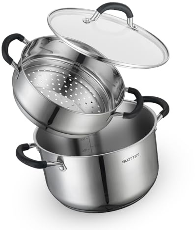 SLOTTET 6 Quart Stainless Steel Stock Pot with Steamer,6 Qt Multipurpose Stockpot with Stay-cool silicone Handle and Glass Lid,Soup Pot for Cooking