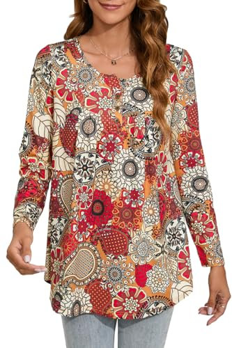 Enmain Tunic Tops for Women UK Long Sleeve Plus Size Tunic Tops Causal Ladies Blouse Loose Buttons Up Floral Printed Ladies Blouse,L1-Red/Grey,2XL