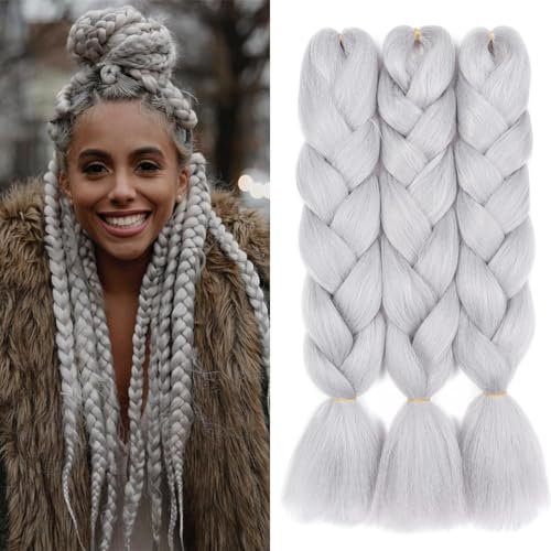 Dcbaboo Extensiones para Trenzas Africanas 60cm Pelo para Trenzas Africanas 3PCS Kanekalon Extensiones de Pelo Sintético para Trenzas Postizas Trenzado de Extensiones de Cabello 300g, Gris claro