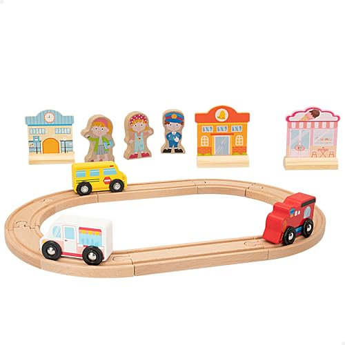 WOOMAX - Playset Juguetes de Madera, Incluye Circuito Urbano, Edificios, Personas y vehículos, Juego sostenible, Coches para niños, Juguete bebés 18 Meses, Pista Coche niño, 47213