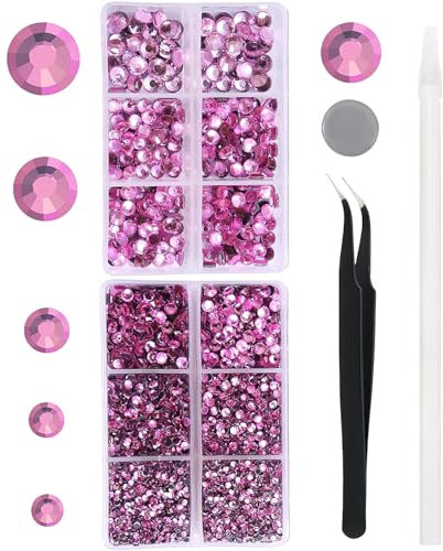 YHMQ DU 6616 Stück heiße rosa Hotfix-Strasssteine, Kristall-Edelsteine, Glas für Trinkgläser, Kleidung, Hemden, Glitzer, flache Rückseite, rund, mit Pinzette und Picking-Stift (SS6~SS30)