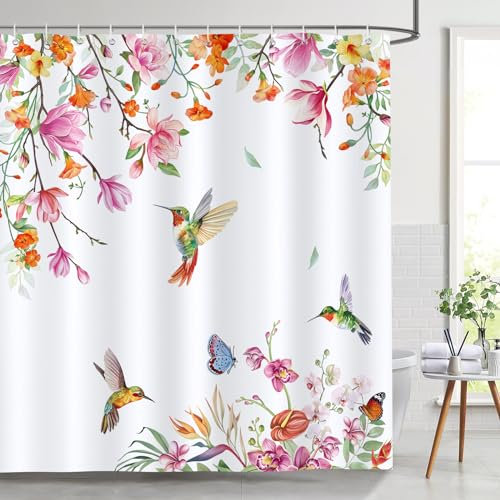 Bonhause Duschvorhang Blume Kolibri Vogel Pflanze Frühling Duschvorhänge 180 x 180 cm Anti-Schimmel Wasserdicht Polyester Stoff Waschbar Bad Vorhäng für Badzimmer mit 12 Haken