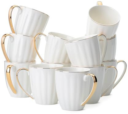 BTaT- Weiße Kaffeetassen mit Goldrand, 340 ml, Porzellan-Kaffeetassen für Kaffeetassen, Weihnachtsgeschenke, 12 Stück