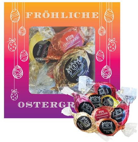 Hallingers Fröhliche Ostergrüße - Ostergeschenke für Osterkörbchen zu Ostern, Pralinen Ostereier handmade teils mit Alkohol (Box) - Geschenk im Sommer & als perfektes Grillgeschenk | Glückwunsch Glück