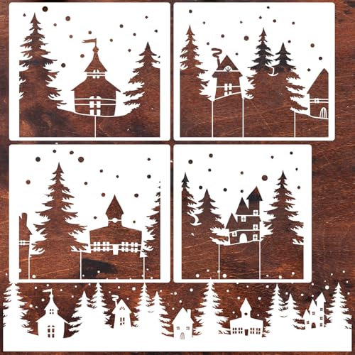Weihnachtsschablonen für Fenster, Glas, großes Weihnachtsdorf-Schablone für Holz, Weihnachtsbaum, Haus, Urlaub, Zeichnungsvorlagen zum Malen auf Wand, Leinwand, Papier, Fußmatte