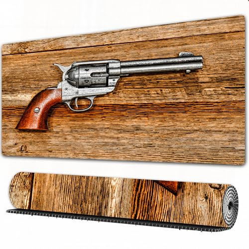 EOMKSE Mauspad Verlängertes großes Mauspad Schreibtischauflage,genähte Kanten Mauspad,Gummibasis,Western, Old Style Revolver Antique Six Shooter Gun Weapon Pist,Gaming-Mauspad,40x90 cm