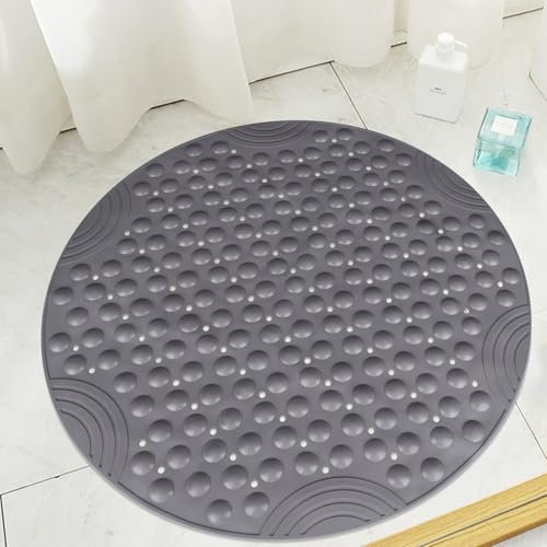 Lurowo Tapis de douche antidérapant 65 x 65 cm - En TPE rond - Antidérapant - Avec ventouses - Lavable en machine - Gris - 65 x 65 cm