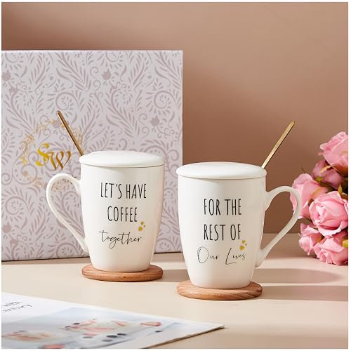 Swuut Keramik Kaffeetassen Set für Liebespaar, Teetassen Cappuccino Tassen Geschenk für Verlobung Brautparty Hochzeit Jubiläum, Kaffeebecher für Zuhause, Weiß (2er Pack)
