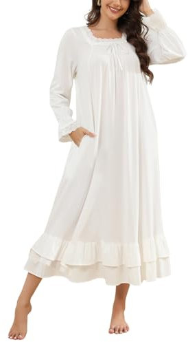 Rubehoow Womens Victorian Nightgown Classic Suqare Neck All Cotton Ladies Pajamas Vintage Full White Nightdresses (XL,White)
