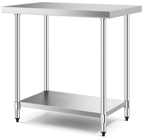 KOMFOTTEU Tavolo da lavoro in acciaio inox con piano di lavoro, tavolo in acciaio inox, per la preparazione del lavoro, tavolo da cucina con piano regolabile in altezza, tavolo da cucina fino a 250 kg