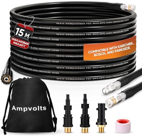 Ampvolts 15m sonda sturatubi per idropulitrice - 400 Bar/5800 PSI, Sonda Spurgatubi Compatibile con Karcher K2-K7, Lavor, Bosch Professional - Per una Pulizia Facile di Tubi e Lavandini Intasati