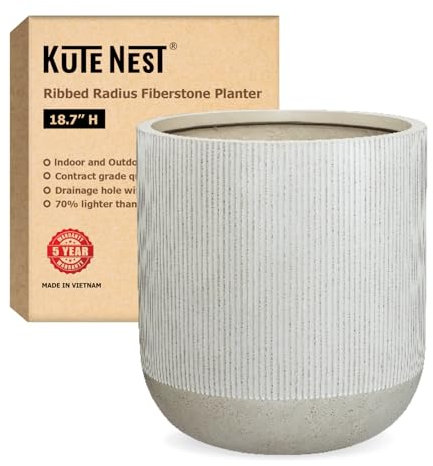 KUTE NEST Maceta grande de fibra de piedra acanalada de 47.5 cm de alto x 42.9 cm de profundidad, maceta con agujero de drenaje, macetas para uso en interiores y exteriores, 5 años de garantía (gris