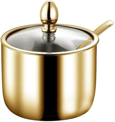 Azucarero dorado de acero inoxidable con tapa y cuchara, tarro de almacenamiento