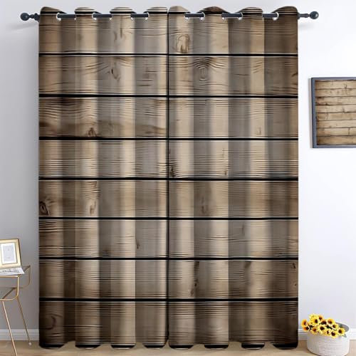 Vorhänge Blickdicht 2er Set Vintage-Textur Holzwand Weicher Thermogardinen Kälteschutz Winter Verdunklungsvorhänge B 140 x H 160 cm Ösenvorhang für Schlafzimmer Wohnzimmer Braunes