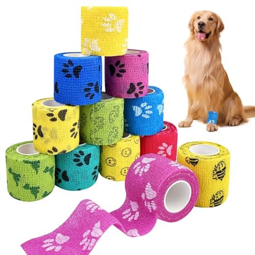 Lixiluxia 12 Rouleaux Bandage Medical Autoadhésif, Bande Auto-adhésif Elastiques, Cohésifs Bandes Adhésifs, Cohesive Bandages, pour Chats Animaux Premiers Secours Bandage Pansements, 5cm x 4,5m