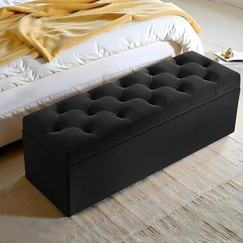 Harveys Living Chesterfield Ottoman Storage Box - Fabric Button Style Engineered Wood Luxurious Plush Velvet Ottoman Storage Bench - (Black, No Legs)