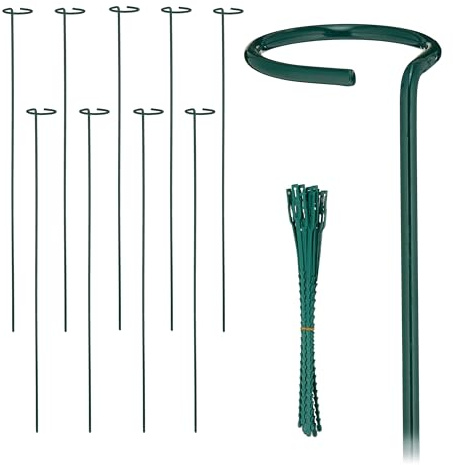 Relaxdays Pflanzstäbe Metall, 10er Set, Rankstäbe mit Ring, 80 cm, Metallstäbe Garten, mit Pflanzenbindern, dunkelgrün