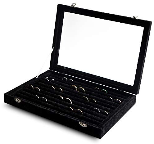Frebeauty Rings/Earrings Organiser Tray with Clear Lid 10 Slots Velvet Drawer Insert Jewellery Storage box with Glass lid Jewellery Display Case Showcase Gift for Girls Women(Black, 10 Slots)