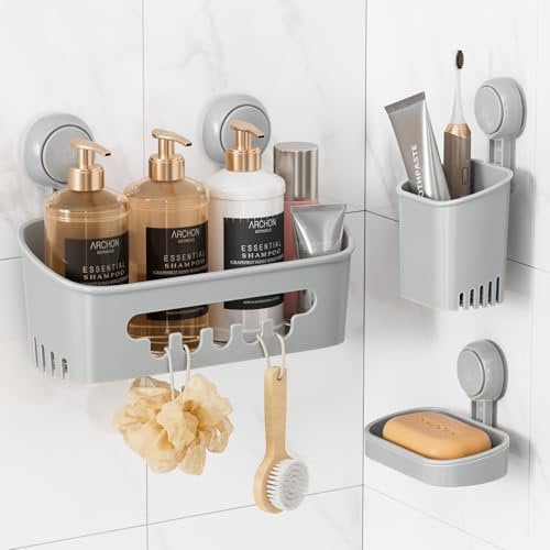 TAILI Duschablage & Seifenschale & Zahnbürstenhalter mit Saugnapf ohne Bohren Abnehmbar Belastbarkeit 10 KG Wasserdicht und Ölbeständig Duschregal für Shampoo Duschgel Haar-Pflegespülung Seife, Grau