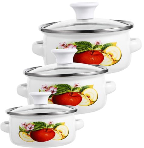 Garneck 3pezzi Pentole Smaltate da Cucina Impilabili Mini Pentola per Zuppe Fondo Piatto Manici Doppi Protettivi per Latte Noodles e Salse Design Casual