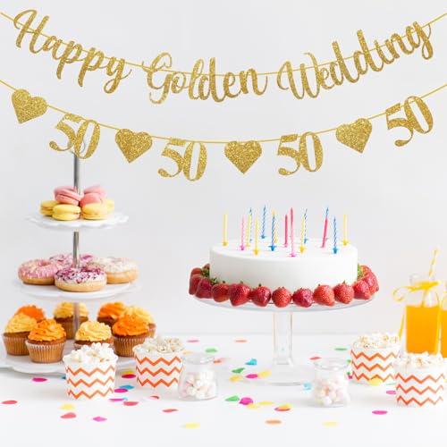 50th Golden Wedding Anniversary Banner, Glitter Happy 50th Anniversary Decorations with Golden Heart Bunting, Party Backdrop for Couple, 50 Years Wedding Sign