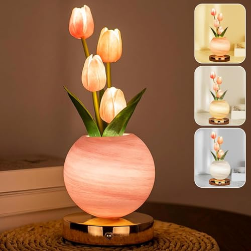 Wekity Tulip Flower Lamps, 3 Colors Dimmable Planet Night Light, Rechargeable Cordless Tulip Small Table Lamp for Date Party Home Decoration (Pink)