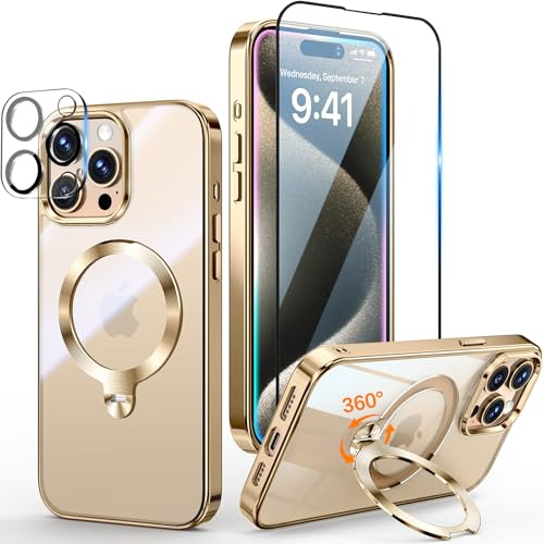 Yoouther 3 in 1 Magnetische Hülle für iPhone 15 Pro 6.1 [360° CD Unsichtbarer Drehständer für MagSafe] [Mit Stück Schutzfolie & Kameraschutz] [Nie Vergilbung] Militärschutz Stoßfest, Gold