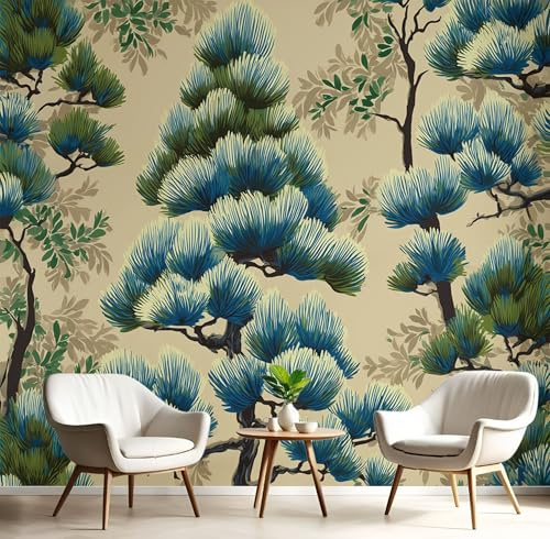Carta da parati 200×140cm Fotomurali in Murale Decorazione da Muro Pino Giapponese, Fotomurali Non Tessuto Astratto Foresta Piante Camera da Letto, Ristrutturazione di Pareti Beige