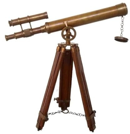 Nautical Brass Antique Double Barrel Designer Telescope Spyglass with Wooden Tripod Stand, 18 Inches Tripod Floor Standing Telescopic for Home Decor, Gifts sail Boat Decor