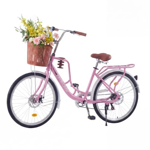 LSBIKE 24/26 Zoll Damen Fahrrad mit Korb, Frauen Mädchen 7-Gang Citybike, Mit Tassenhalter und leichtem Gepäckhalter, Doppelscheibenbremse Stadt Fahrrad, Vintage Fahrrad mit Reflektoren(Rosa, 26 Zoll)