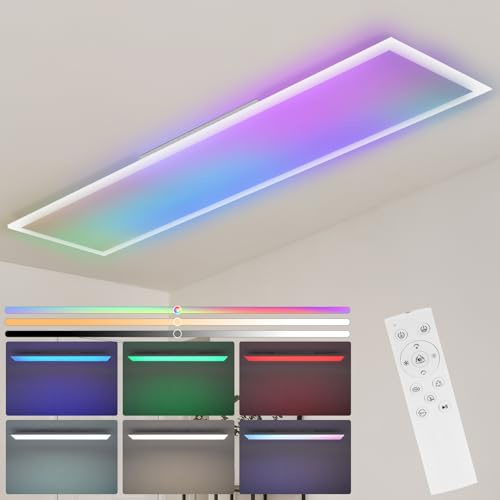 CBJKTX Deckenlampe LED Deckenleuchte Panel 120x30cm RGB Dimmbar 39W 4400LM | 3000K-6500K Farbwechsel Küchenlampe Decke Lang Flach Modern LED Lampe für Büro Küche Wohnzimmer Schlafzimmer Spielzimmer Weiß