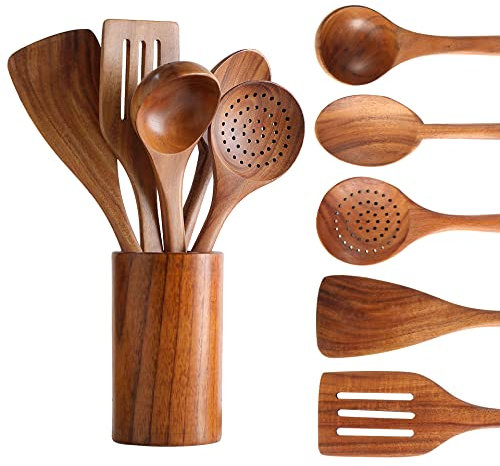 Tmkit Kochutensilien-Set, Holz-Kochutensilien und Aufbewahrungs-Holzfass – natürliches, antihaftbeschichtetes Hartholz-Spatel und Löffel – langlebig, umweltfreundlich und sicher (6 Stück)