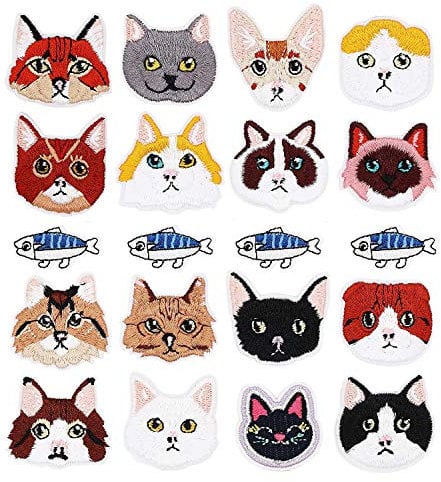 Woohome Katze Set und Fisch Patches zum Aufbügeln, 20 Stück Patch Sticker für Kleidung Blumen Aufnäher Applikation Flicken Zum Aufbügeln Kinder Patches für für DIY T-Shirt Jeans