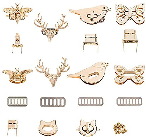 PandaHall 5 Sets Taschenverschluss Metalltasche Schloss Tier Twist Lock Light Gold Tuck Lock Tasche Verschluss Honeybee/Katze/Vogel/Hirsch/Schmetterling Lock Kupplung Handtaschen Verschluss für Tasche