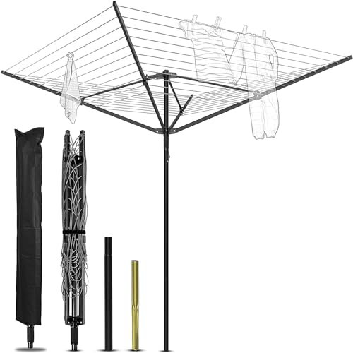 Nisorpa Regenschirm-Wäscheständer – 4-armige Wäschespinne & höhenverstellbarer, faltbarer, einziehbarer robuster Metall-Kleiderbügel – 12 Leinen mit 50 m Wäscheleine und Staubtuch-Abdeckung