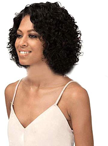 CUSROS Damen-Perücke, hitzebeständig, Cosplay-Perücke, kurze Wasserwellen, gelockt, Seitenscheitel, Cosplay, Party, Schwarz, Einheitsgröße