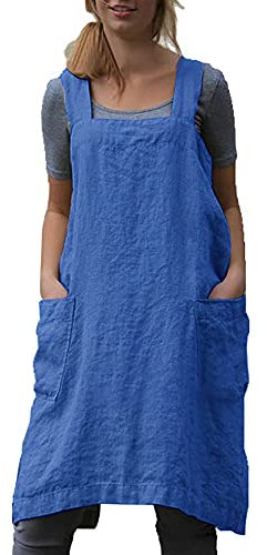 Delantal de lino de algodón para mujer, con espalda cruzada, vestido de pinafore para hornear, cocinar, trabajo de jardinería, Azul Royal, Large