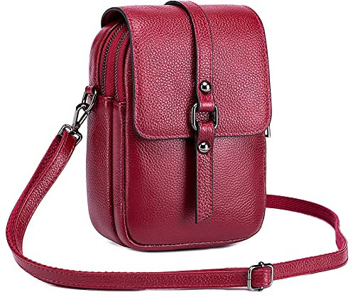 FORRICA Handy Umhängetasche Damen Handytasche zum Umhängen Echte Leder Handtaschen Frauen Schultertasche Kleine Crossbody Tasche Geldbörse Rot
