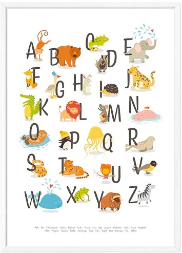 kizibi® ABC Poster DIN A2 mit Rahmen Weiß für Kinderzimmer, Alphabet Poster für Mädchen und Jungen, Buchstaben zum Lernen, Tier Lernposter mit Buchstaben auf deutsch | Vorschule oder Grundschule