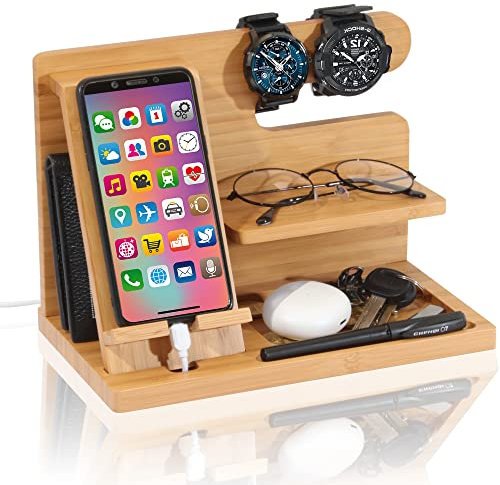 Wood Cell Phone Charge Docking Station Ash Key Wallet Holder Watch Stand Glasses Holder Purse Organizer Nightstand Men Husband Wife Anniversary Dad Birthday Gift Father Male Graduation Idea Gadgets