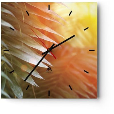 Modern Wanduhr Exotisch Blätter Dämmerung 30x30cm Quadrat Klein Wand Uhr Glas Analog Zimmeruhren Küche Büro Wohnzimmer Glasuhr Wall Clock Dekoration Design Wanddekoration Küchenuhr C3AC30x30-4807