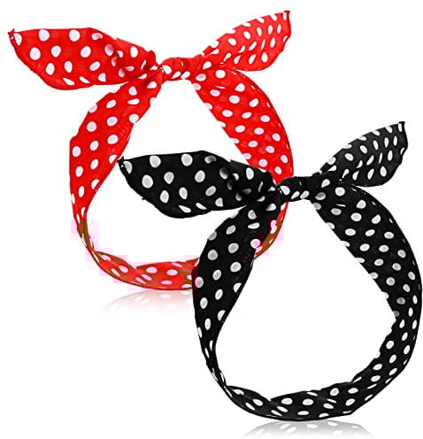 2 Stück Polka Rundes Haarband Schwarz Rot Schleife Knoten Haarreif Rot Turban Stirnband Schwarz Vintage Wire Haarbänder Frauen Haartuch Mädchen 50er 90er Jahre Deko Accessoires Damen