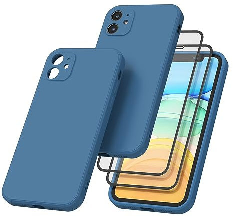 AK Funda para iPhone 11 con 2Piezas Protector de Pantalla Cristal Templado,Funda de Liquida Suave Silicona para iPhone 11 Carcasa Protectora Anti-Choque Case(Azul Marino)