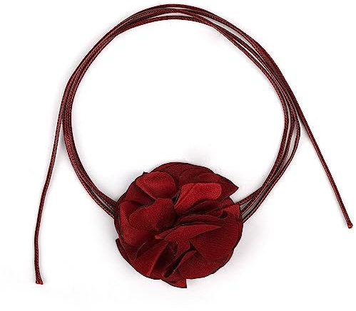 SAVITA Vintage Flower Necklaces, Boho Floral Necklace Adjustable Fabric Rose Necklace for Women Girls Bride Wedding Party Birthday (Dark Red)