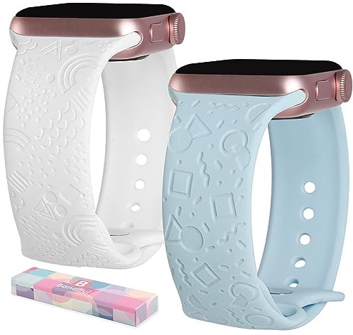 Bandiful 2 Packs Engraved Boho Patterns Durable Band Compatible with Apple Watch Bands 38 mm 40 mm 41 mm Women Mens, Hypoallergenic for iWatch Reloj Series 8/7/6/5/4/3/2/1/SE/Ultra,Sky Blue and White